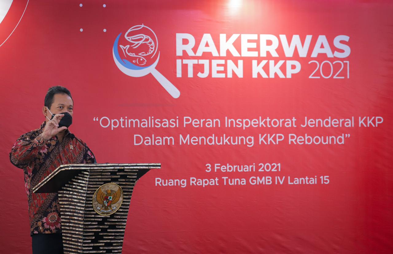 Jakarta - Rabu (3/2), Menteri Kelautan dan Perikanan Sakti Wahyu Trenggono membuka Rakerwas Inspektorat Jenderal KKP di Auditorium Tuna, Lantai 15, Gedung Mina Bahari IV.